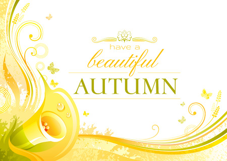 Autumn background with calla flower, falling leaves, butterflies, abstract wave lines, swirls, grunge pattern, copy space for text. Elegant modern seasonal vector illustration.のイラスト素材