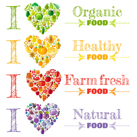Organic food banner set template, heart icons. Fruit vegetable vector illustration. Fruits - peach, pear, lemon, apple, mango, kiwi, lime. Vegetables - corn, chili, peas, soybean. Herbs - mint, basilのイラスト素材