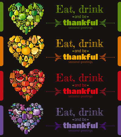 Thanksgiving food banner set with heart icons. Seasonal greeting card design template. Fruit and vegetable vector illustration. Fruits - pineapple, banana. Vegetables - pumpkin, tomato, cabbage, chiliのイラスト素材