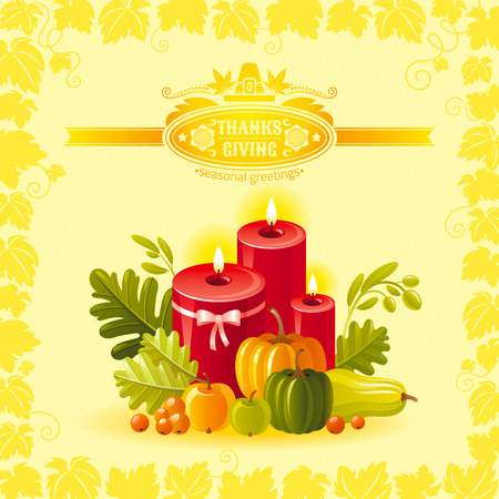Vector illustration of autumn thanksgiving greeting card with holiday symbols on sunny background - candles decoration, pumpkin and vineyard leafs frame. Modern elegant seasonal still lifeのイラスト素材
