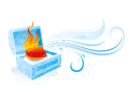 Happy Valentines day vector illustration, burning heart fire melts frozen ice treasure. Romance, love banner, isolated wave pattern, white background. Cute romantic Valentine border. Abstract designのイラスト素材