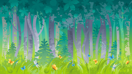 Spring summer forest wood landscape background. Nature - insect butterfly, tree, bush, plant, leaf. Green springtime natural pattern. Grunge vector illustration. Summertime Abstract design templateのイラスト素材