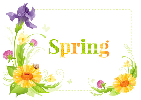 Flower frame isolated white background. Spring summer nature vector illustration. Floral border. Cartoon cute daisy iris clover crocus bouquet. Template flat poster. Text lettering logo greeting cardのイラスト素材