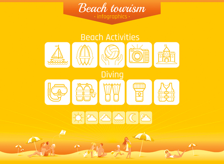 Summer beach travel icon set infographics banner. Happy family sea vacation icons background. People traveling - tourism, weather, diving, surfing, ship sailing, sun, flippers, vector illustrationのイラスト素材