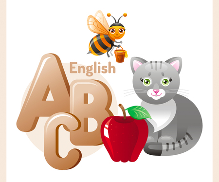 Vector illustration. English alphabet ABC icon. Abstract design template with cat, bee, apple, A, B, C lettersのイラスト素材
