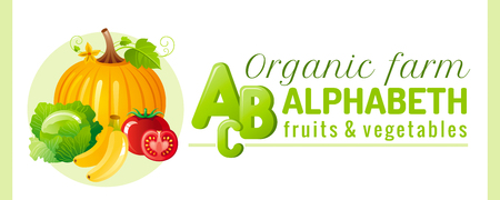 Alphabet infographics. Food fruit and vegetable ABC logo. Vector illustration, world map design. Pumpkin, cabbage, banana, tomato icons in abstract templateのイラスト素材