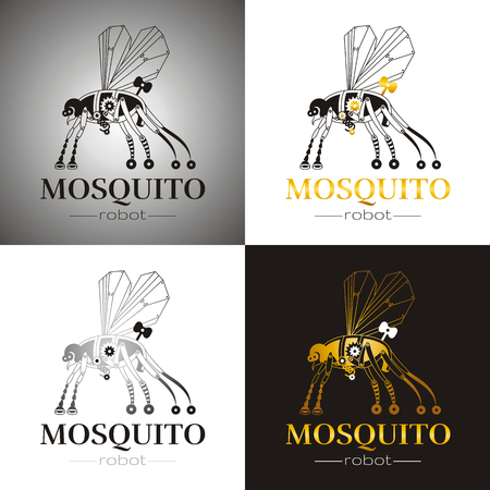 Cybernetic robot mosquito drone logo icon set. Vector steampunk cyborg flying animal. Futuristic vintage insect monster illustration. Text lettering, color background. Silhouette, poster templateのイラスト素材