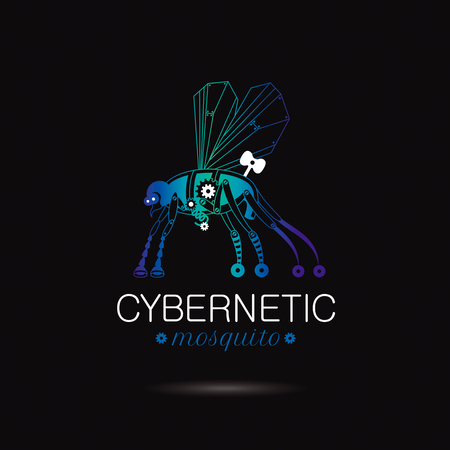 Cybernetic robot mosquito logo icon. Vector steampunk cyber flying animal. Futuristic vintage insect monster illustration. Text lettering, black background. Nano tech blue silhouette, poster templateのイラスト素材