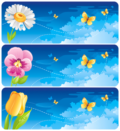 Spring banner set. Easter, Mothers day, Birthday, Wedding invitation. Daisy, pansy, tulip flower, butterfly, blue sunny sky. Isolated modern vector illustration. Happy springtime greeting card borderのイラスト素材