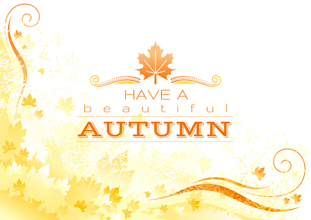 Hello Autumn background with falling maple leaves, abstract wave lines, swirls, grunge pattern, copy space for text. Elegant modern seasonal vector illustrationのイラスト素材