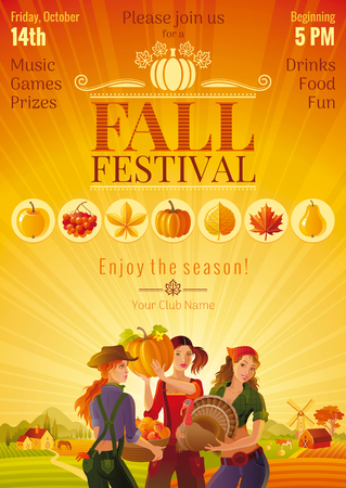 Autumn harvest festival invitation design, fall icon set.のイラスト素材