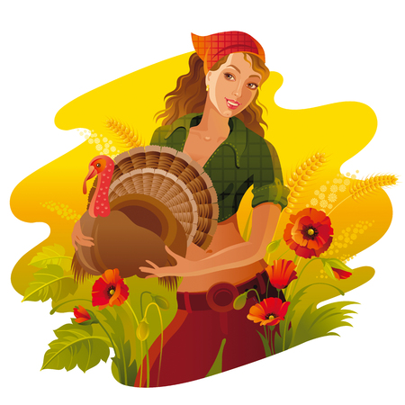 Autumn thanksgiving landscape . Young smiling woman with turkey bird. Fall field countryside, poppy flower. Harvest festival thanks giving banner.のイラスト素材