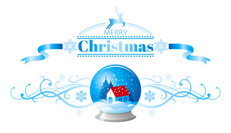 Merry Christmas holiday horizontal banner isolated on white background. Snow ball toy, hause vector illustration. Snowflake logo, ribbon swirls, snowflake, cartoon reindeer logo decoration iconのイラスト素材