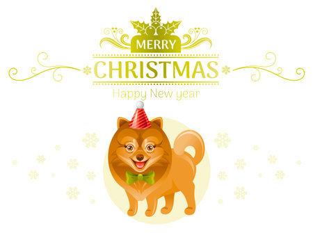 Puppy pomeranian spitz dog in party hat, bow tie. Merry Christmas Happy New Year greeting card, isolated, white background. Cute cartoon pet animal. Holiday template flyer design. Vector illustrationのイラスト素材