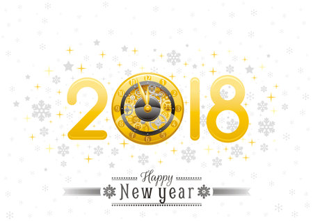 Happy new year 2018 silver golden logo icon. Vector poster with clock, gear mechanism. Abstract holiday design template. Vintage symbols, swirls pattern, text lettering banner. White sky backgroundのイラスト素材