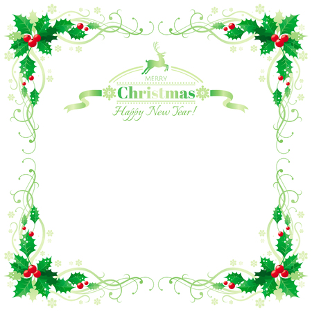 Merry Christmas and Happy new Year border frame with holly berry leafs. Text lettering reindeer logo. Isolated on white background. Abstract poster, greeting card design template. Vector illustrationのイラスト素材