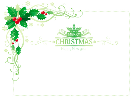 Merry Christmas and Happy new Year corner border banner with holly berry leafs. Text lettering logo. Isolated on white background. Abstract poster, greeting card design template. Vector illustrationのイラスト素材