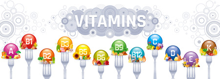 Mineral Vitamin multi supplement icons. Multivitamin complex flat vector icon set, logo isolated white background. Table illustration medicine healthcare chart Diet balance medical Infographic diagramのイラスト素材
