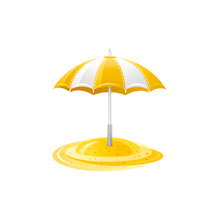 Vector illustration, isolated on white background. Realistic vacation travel symbol, relaxation design, 3d beach striped parasol umbrella. Cartoon cute suntan sea beach icon, flat signのイラスト素材