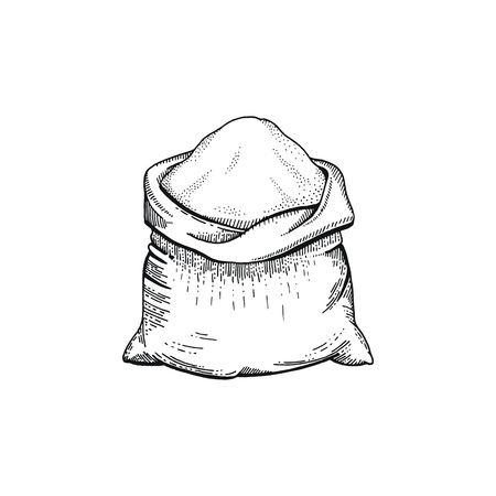 Vector illustration of hand draw bag with flour, bread sketched concept. Black line art drawing, ear crop isolated on white background. Gluten food ingredient graphics. Engraving retro vintage iconのイラスト素材