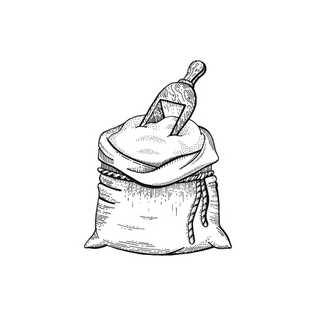 Vector illustration of hand draw bag with flour, bread sketched concept. Black line art drawing, ear crop isolated on white background. Gluten food ingredient graphics. Engraving retro vintage iconのイラスト素材