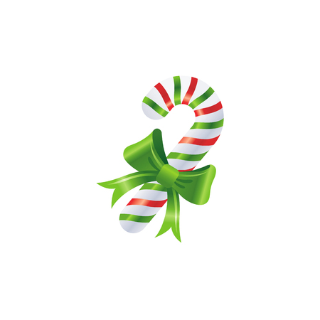 Vector illustration of 3d realistic Xmas symbol. Cute striped candy cane with bow. Merry Christmas and winter holiday icon isolated on white background. Flat retro design element, cartoon symbolのイラスト素材