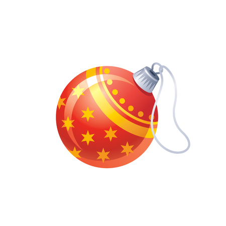 Vector illustration of 3d realistic symbol. Cute tree ball decoration, red golden. Merry Christmas and winter holidays icon isolated on white background. Flat retro Xmas design element cartoon logoのイラスト素材