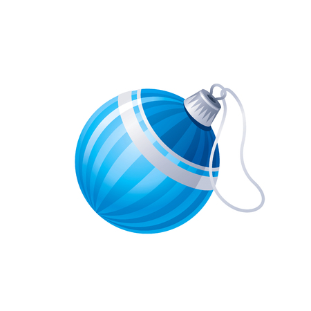 Vector illustration of 3d realistic symbol. Cute tree ball decoration, blue silver. Merry Christmas and winter holidays icon isolated on white background. Flat retro Xmas design element cartoon logoのイラスト素材