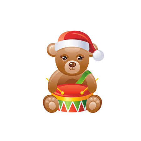 Vector illustration of 3d realistic symbol. Cute toy bear in Santa hat with drum. Merry Christmas and winter holidays icon isolated on white background. Flat retro Xmas design element cartoon logoのイラスト素材