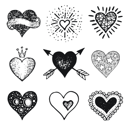 Heart set, hand drawn doodle sketch style. Handdrawn illustrations by brush, pen, ink. Cute crown, arrow, stars symbols. Vector drawing for Valentine s day design, logo, card and more.のイラスト素材