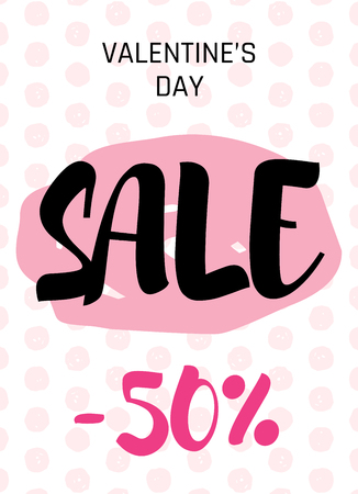 Valentine s day sale offer design with heart. Love poster with special shoping text for Valentine day. Trendy hand drawn doodle style, pink polka dot pattern on white background. Vector illustrationのイラスト素材