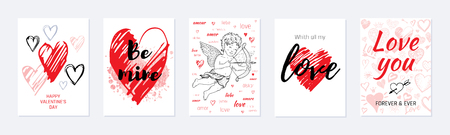 Valentine s day card design set. Poster with hearts, cute cupid, slogan. Vector illustration for greeting gift tag, t shirt print. Trendy hand drawn doodle style, cool flyer template isolated on whiteのイラスト素材