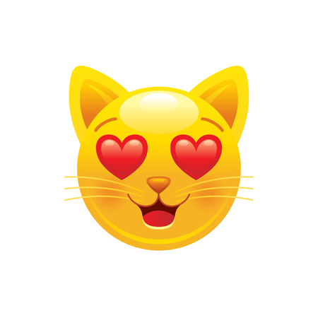 Cat with hearts emoji icon. 3d face smile for love chat, message design. Realistic symbol for Valentine s day sticker. Cute cartoon social network sign. Vector illustration isolated white background.のイラスト素材
