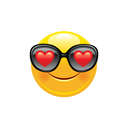 Heart emoji icon. 3d face smile for love chat, message design Sexy black summer sunglasses symbol sticker. Cute cartoon social network sign. Happy vector illustration isolated on white background.のイラスト素材