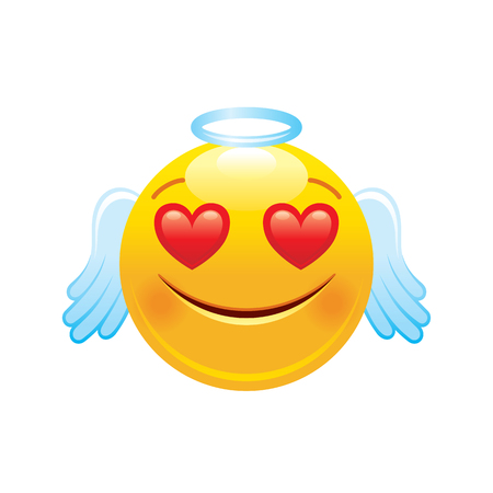 Angel with hearts emoji icon. 3d face smile for love chat, message design Realistic symbol for Valentine s day sticker. Cute cartoon social network sign. Vector illustration isolated white background.のイラスト素材