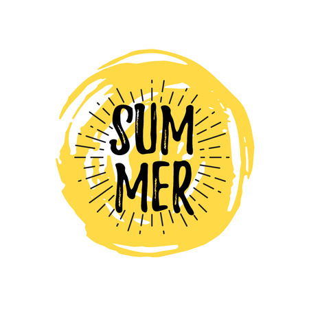 Summer logo with doodle hand drawn sun background. Cute trendy sign with ray sunny for t-shirt print, sticker, poster design. Vector illustration isolated on white background.のイラスト素材