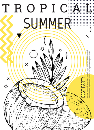 Summer party poster in geometric memphis style. Cool trendy flyer with type quote. Tropical element for travel banner, music cover, fashion print. Coco fruit vector illustration on white backgroundのイラスト素材