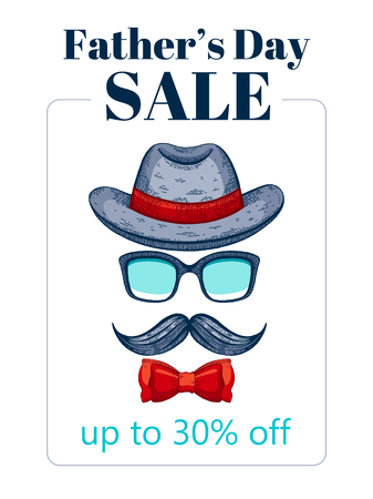 Happy Father s day sale offer. Elegant poster with gentleman retro face with mustaches, bowler fedora hat, glasses, bow. Sketch drawing with typography text for Dad sale. Isolated on white backgroundのイラスト素材