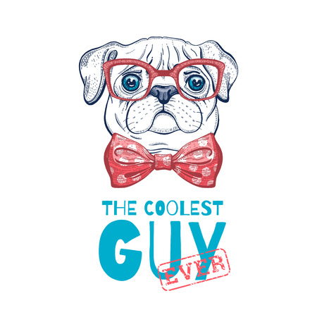 Cute Pug dog t-shirt print design. Cool animal vector in doodle hand drawn style for tee, child, baby funny apparel. Puppy character poster with hipster element. Fashion illustration isolated on whiteのイラスト素材
