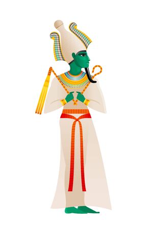 Ancient Egyptian god. Osiris Deity, lord of dead and rebirth with atef crown green skin. 3d cartoon flat vector illustration. Old mural paint art icon. Egyptian Osiris isolated on white backgroundのイラスト素材