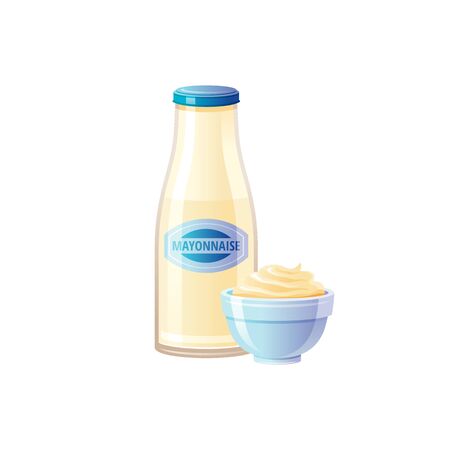 Mayonnaise sauce. Mayo sauce bottle with bowl.のイラスト素材