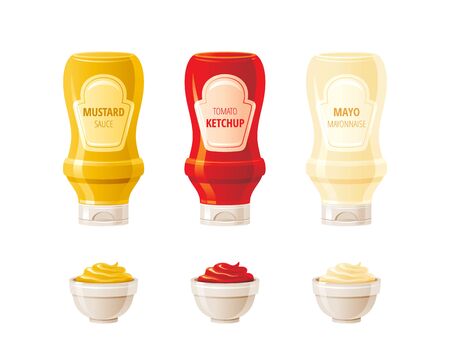 Mustard, ketchup, mayonnaise sauces bottles cup bowls. Hot spice sauce set.のイラスト素材