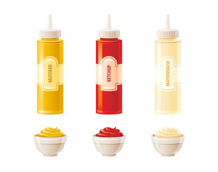 Mustard, ketchup, mayonnaise sauces bottles cup bowls. Hot spice sauce set.のイラスト素材