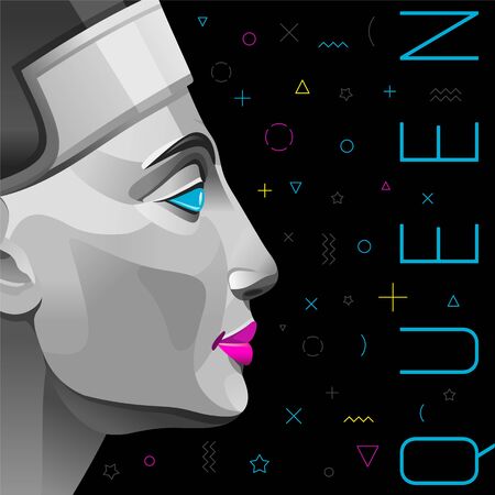 Memphis poster, cover, banner, invitation with Nefertiti, Cleopatra queen in trendy style for music party, travel concept, t-shirt print. Ancient Egyptian vector illustration on black backgroundのイラスト素材