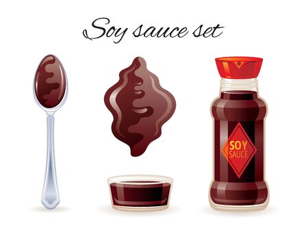 Soy asian sauce. Soya sauces bottle with bowl cup.のイラスト素材