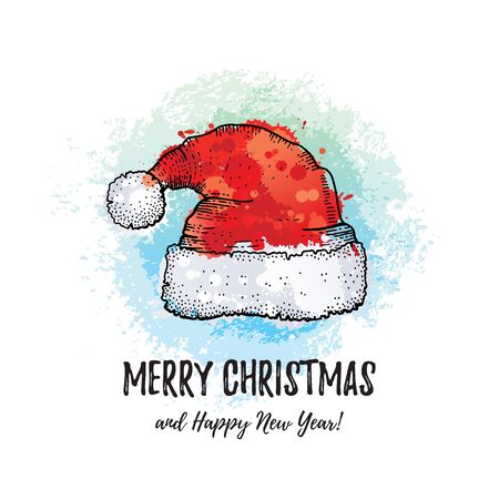 Merry Christmas greeting card. Santa Claus hat, hand drawn doodle sketch style. Cute Santa cap, winter holiday icon.のイラスト素材