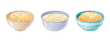 Oats bowl. Oatmeal breakfast cup, oat grain porridge. 3d realistic icon. Cartoon style muesli, flake for healthy sweet breakfast. Cool food design. Vector illustration isolated on white backgroundのイラスト素材