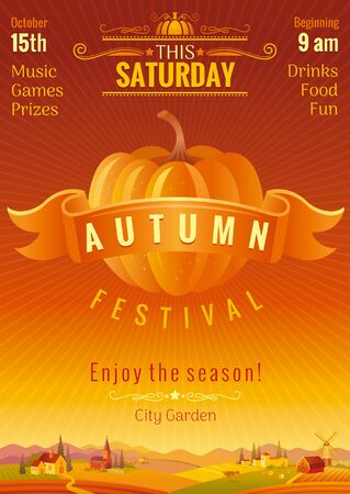 Fall party invitation design. Harvest festival poster. Thanksgiving day - american traditional family holiday. Autumn pumpkin, landscape background, villa house, agriculture vector illustration.のイラスト素材