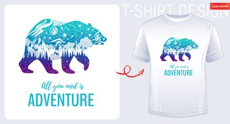 Trendy t-shirt print design. Great Bear in hand drawn sketch style. T shirt with vector Northern Light, Big Dipper constellation, forest, mountain element. Apparel print illustration isolated on whiteのイラスト素材