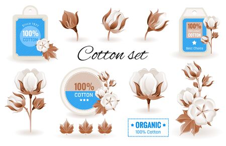 Eco Cotton label design flower set. 100 bio organic cotton tag icon. Bud, leaf element. 3d realistic sticker.のイラスト素材